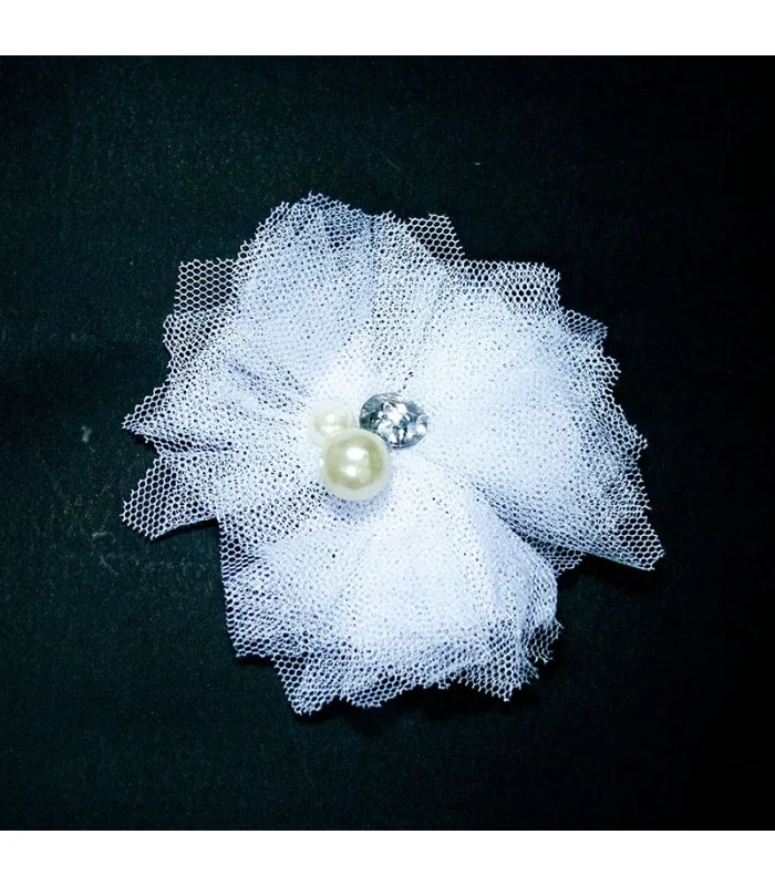 FLOR de TUL CON BRILLANTES Y PERLA 80MM - Varios colores 