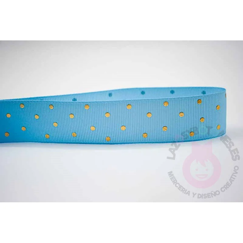 Cinta grosgrain lunares oro 25mm - Azul Bebé