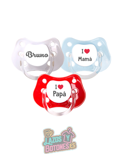 PACK DE 3 CHUPETES PERSONALIZADOS CON NOMBRE - CORAZÓN - 0 a 6 meses