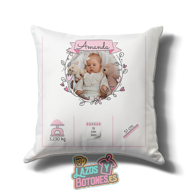 Cojín de Bebé Rosa Personalizado con Foto y Datos
