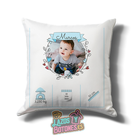 Cojín de Bebé Azul Personalizado con Foto y Datos de Nacimiento