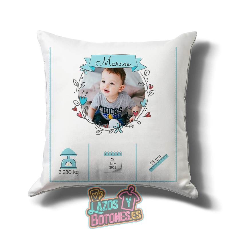Cojín de Bebé Color Agua Personalizado con Foto y Datos