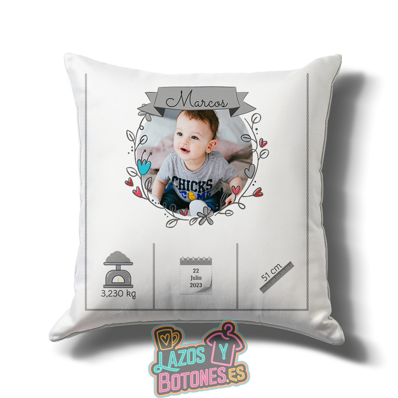 Cojín de Bebé Gris Personalizado con Foto y Datos