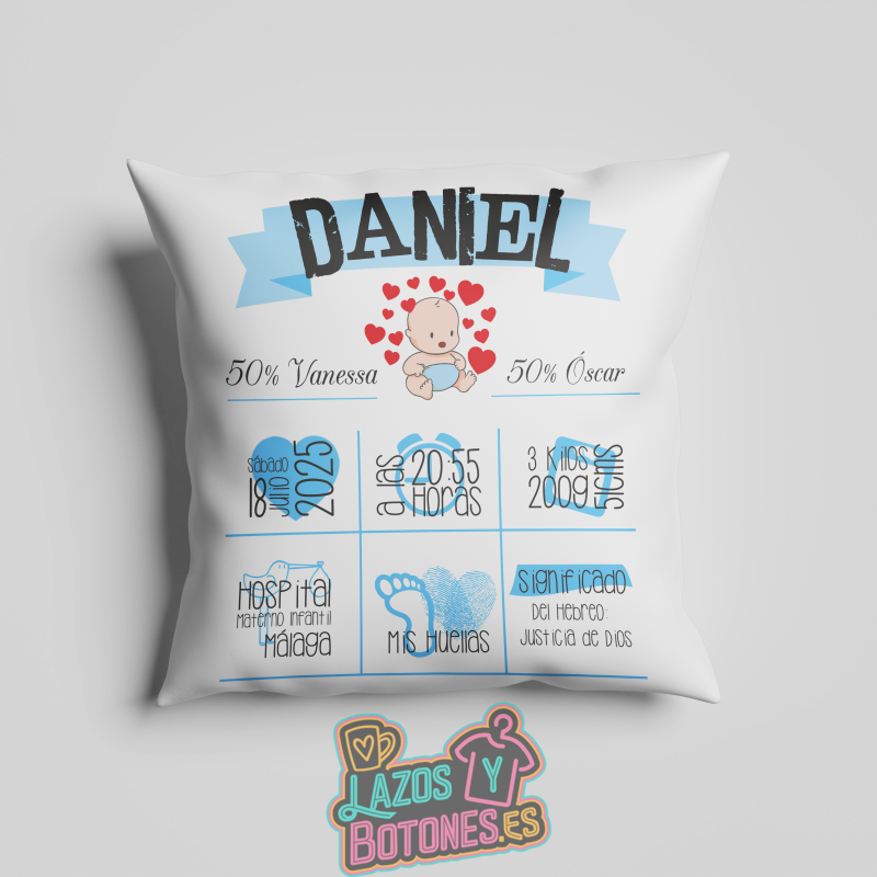 Cojín Nacimiento Bebé Azul Personalizado con Datos