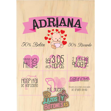 Cuadro de nacimiento con huellas en madera – Diseño propio