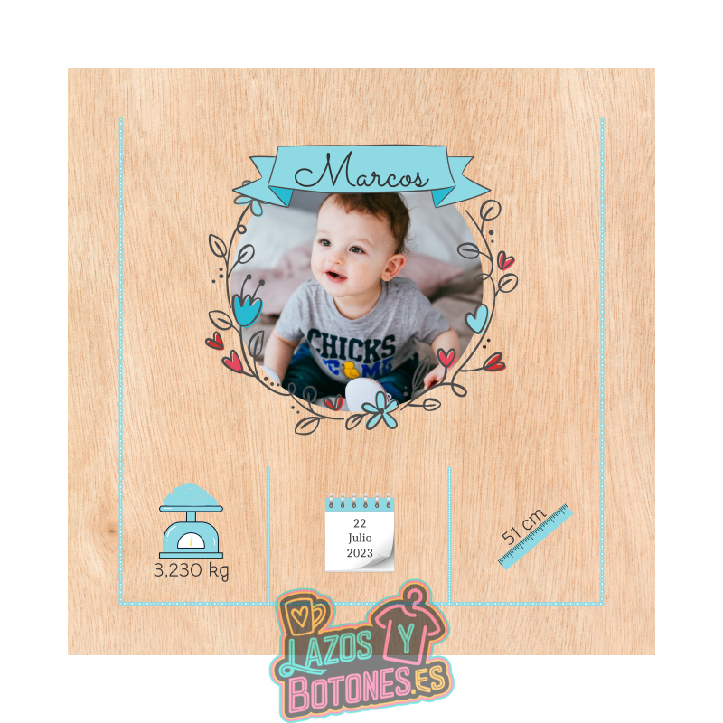 Cuadro de nacimiento con foto en madera – Modelo Agua