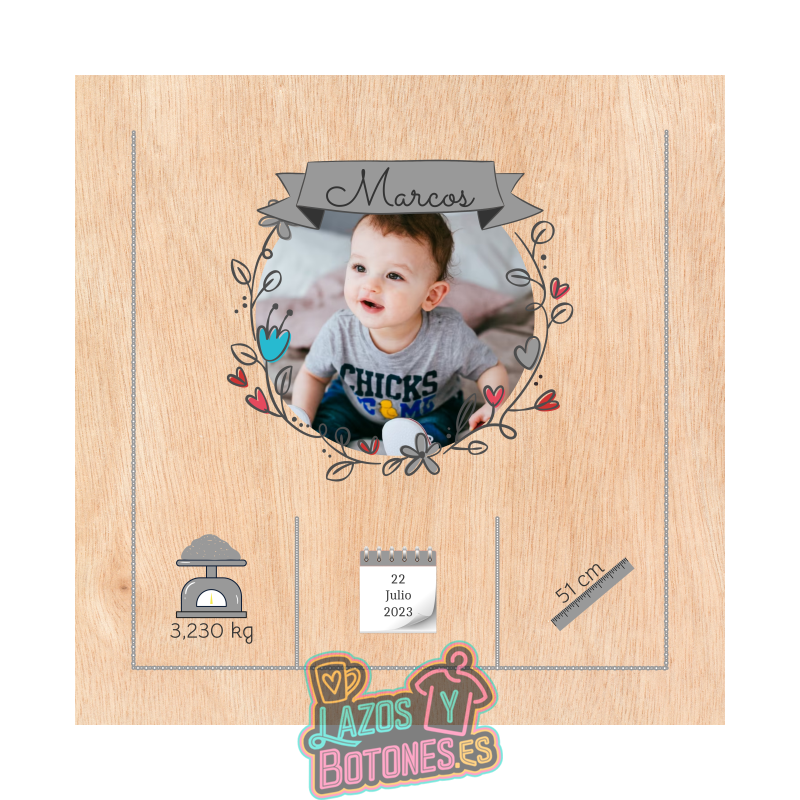 Cuadro de nacimiento con foto en madera – Gris