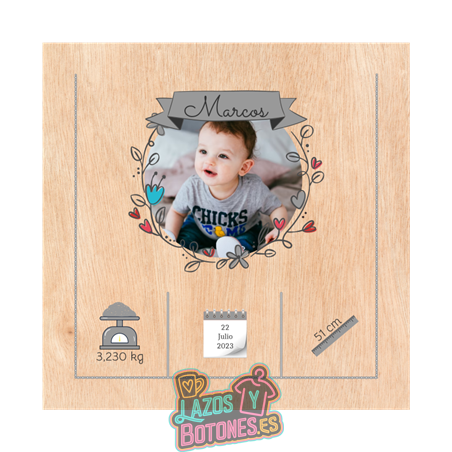 Cuadro de nacimiento con foto en madera – Gris