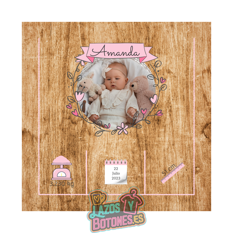 Cuadro de nacimiento con foto en madera – Rosa