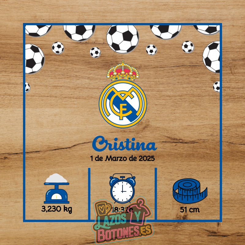 Cuadro de nacimiento personalizado – Mod Real Madrid
