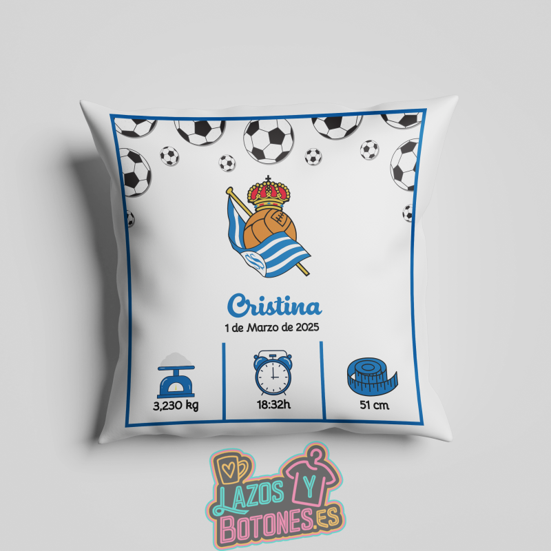 Cojín personalizado Nacimiento – Mod. Real Sociedad Balones