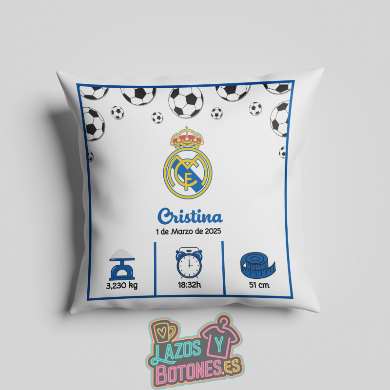 Cojín personalizado Nacimiento – Mod. Real Madrid Balones