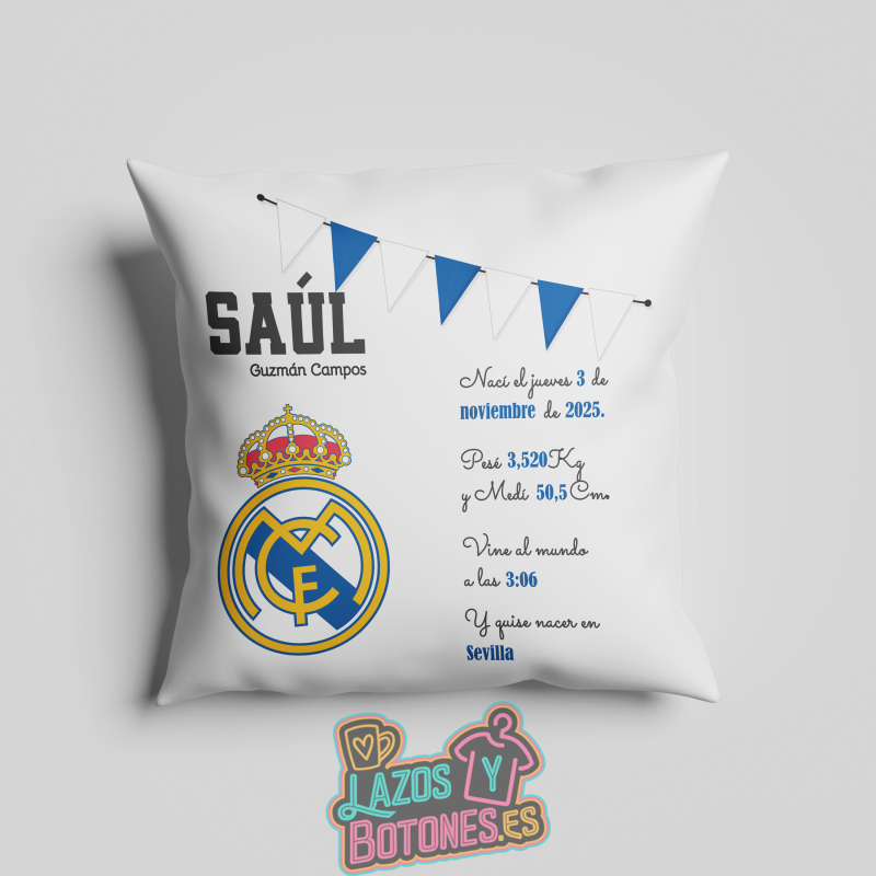 Cojín personalizado Nacimiento – Mod. Real Madrid Banderines