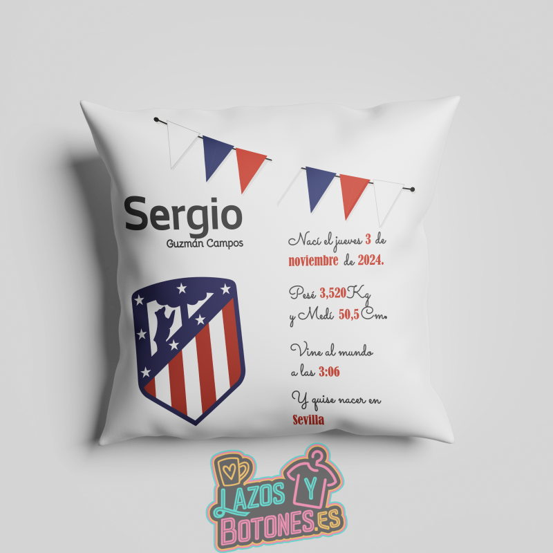 Cojín personalizado Nacimiento – Mod. Atlético de Madrid banderines