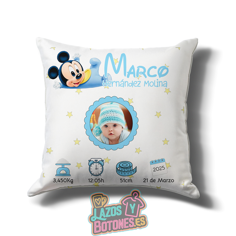 Cojín personalizado Nacimiento – Mod. Mickey Baby Foto