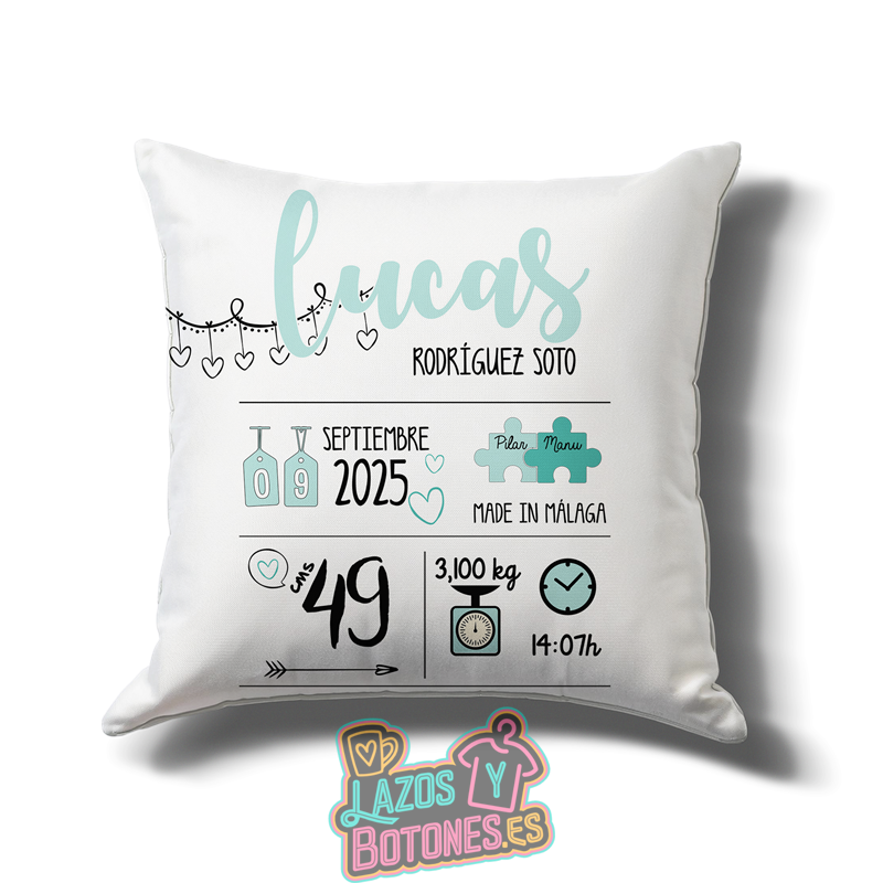 Cojín personalizado Nacimiento – Mod. Puzzle Agua