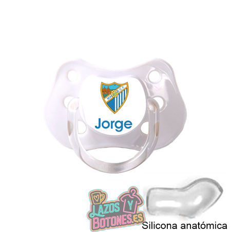Chupete personalizado Málaga C.F. con nombre – 0 a 6 meses