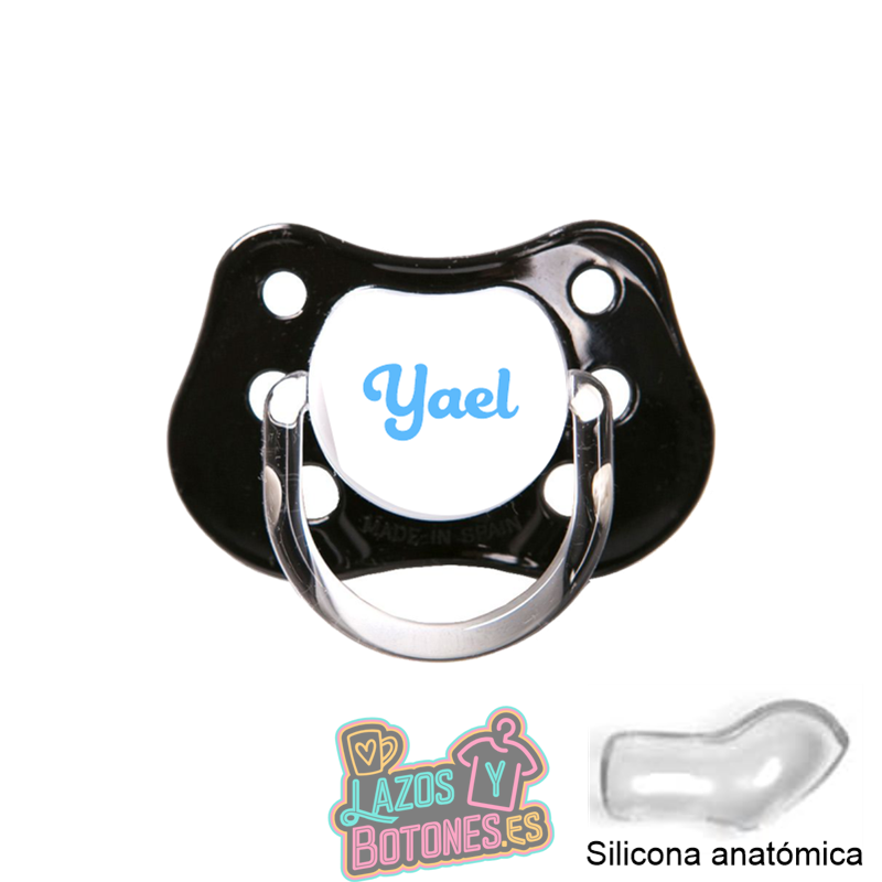 Chupete negro personalizado con nombre – 0 a 6 meses