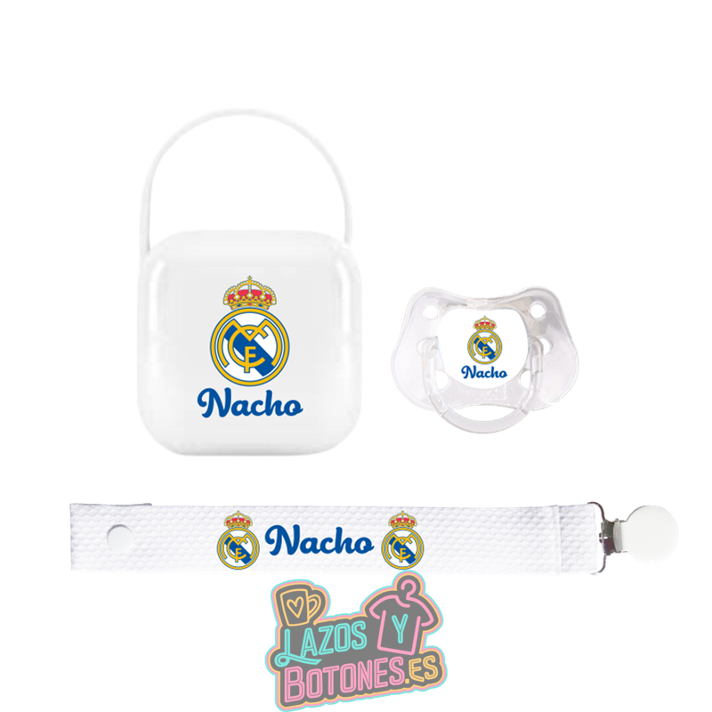 Pack porta chupetes + chupete + chupetero – Mod. Real Madrid