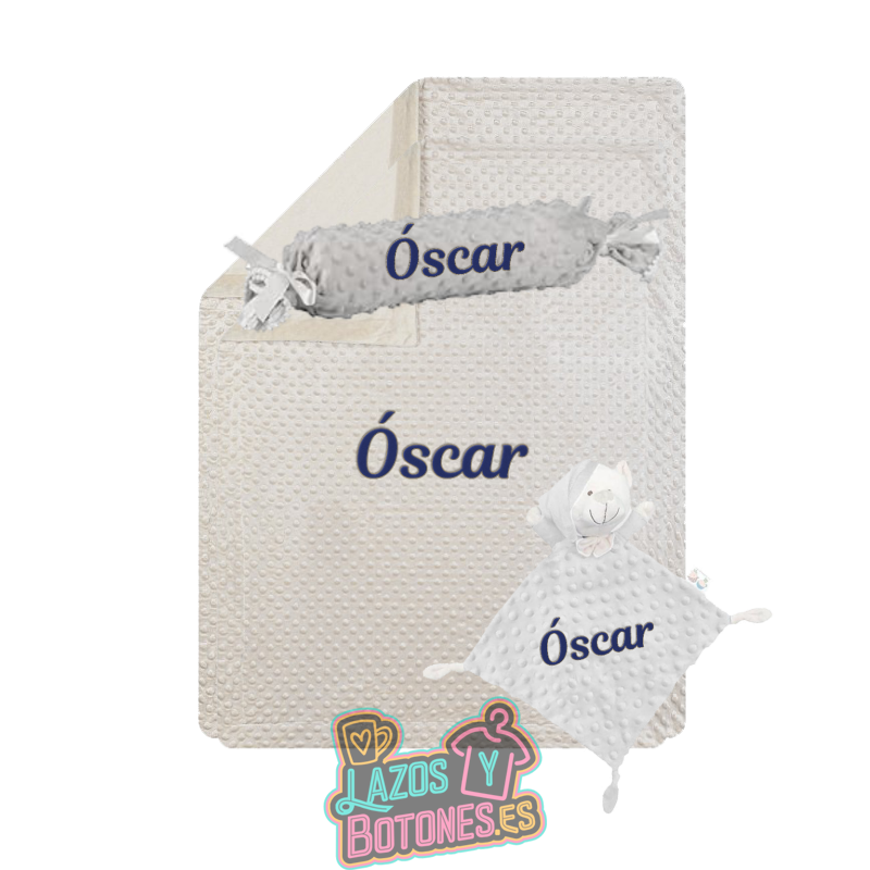 Pack bordado – Manta + Doudou + Cojín Caramelo