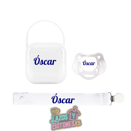Pack porta chupetes + chupete + chupetero – Mod. Nombre