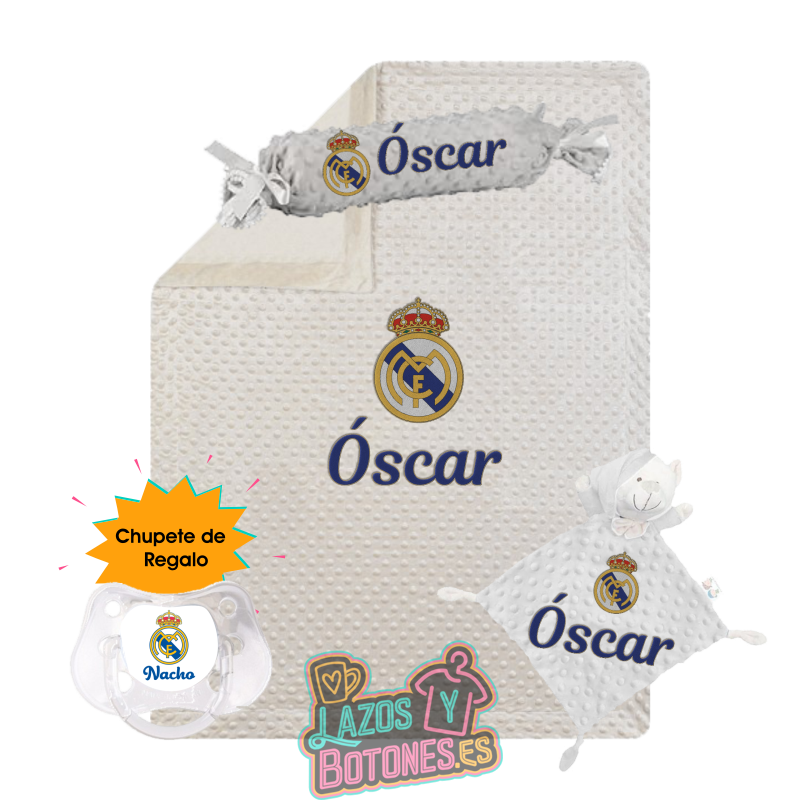 Canastilla bebé personalizada - Mod. Real Madrid con chupete de regalo