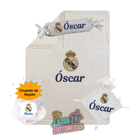 Canastilla bebé personalizada - Mod. Real Madrid con chupete de regalo