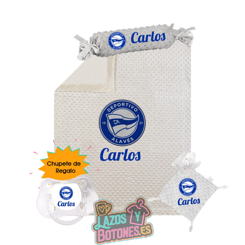 Canastilla bebé personalizada - Mod. Deportivo Alavés con chupete de regalo