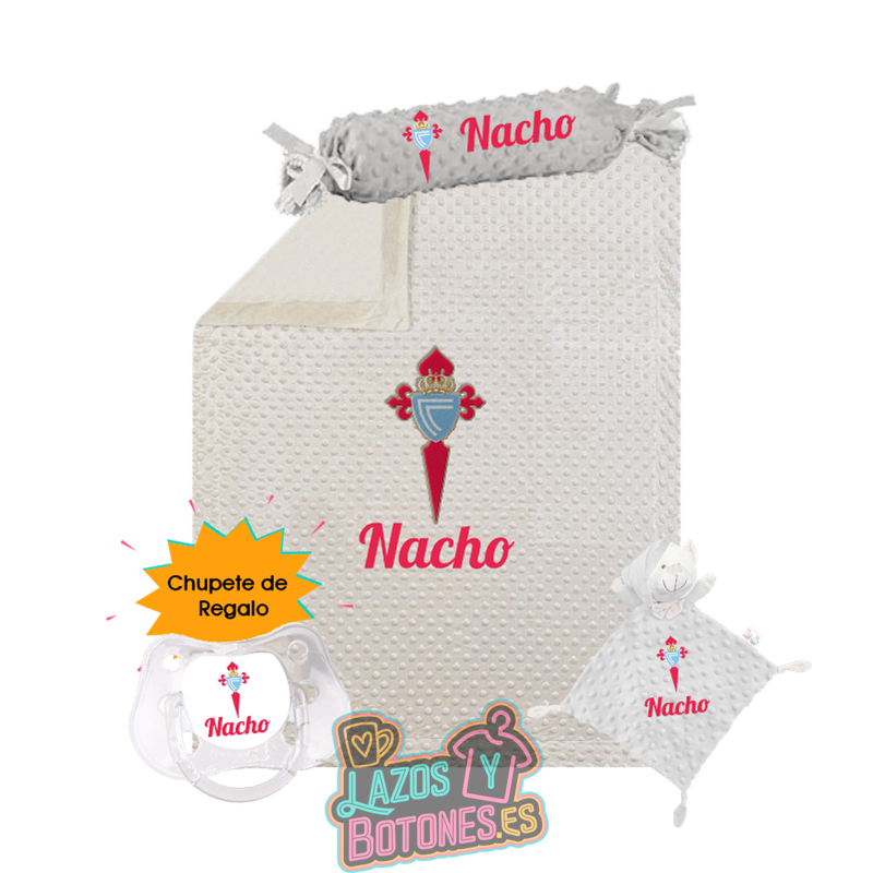 Canastilla bebé personalizada - Mod. Celta de Vigo con chupete de regalo