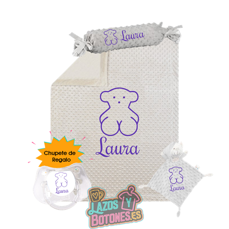 Canastilla bebé personalizada – Mod. Osito Morado con chupete de regalo