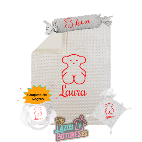 Canastilla bebé personalizada – Mod. Osito Rojo con chupete de regalo