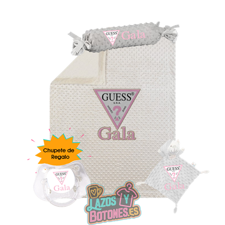 Canastilla bebé personalizada – Mod. Guess Rosa con chupete de regalo