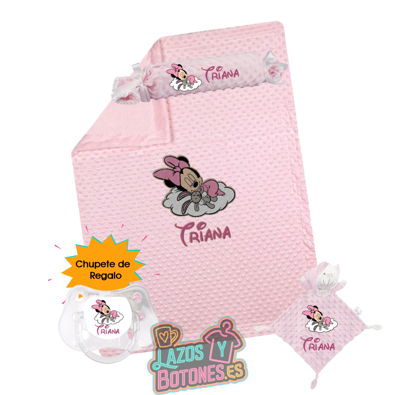 Canastilla bebé personalizada – Mod. Minnie Baby Nube con chupete de regalo