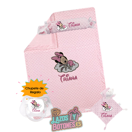 Canastilla bebé personalizada – Mod. Minnie Baby Nube con chupete de regalo