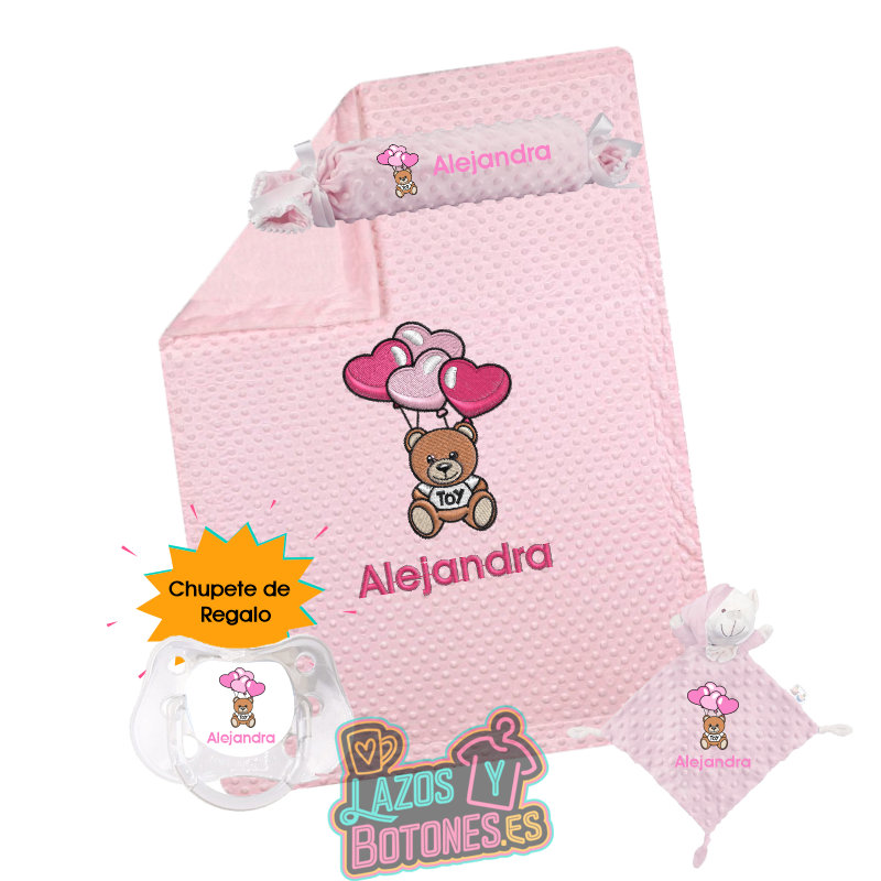Canastilla bebé personalizada – Mod. Moschino Globos Rosa con chupete de regalo