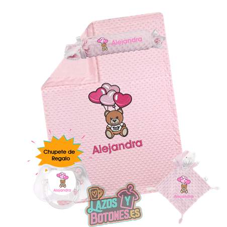 Canastilla bebé personalizada – Mod. Moschino Globos Rosa con chupete de regalo