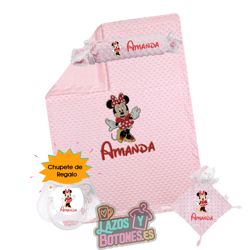 Canastilla bebé personalizada – Mod. Minnie con chupete de regalo
