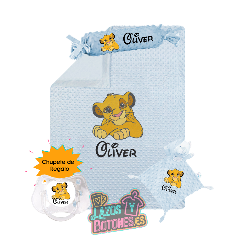Canastilla bebé personalizada – Mod. Simba con chupete de regalo