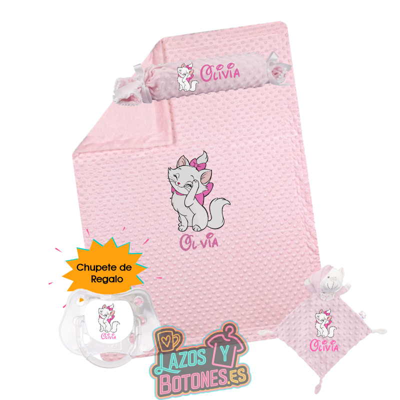 Canastilla bebé personalizada – Mod. Marie Cat con chupete de regalo