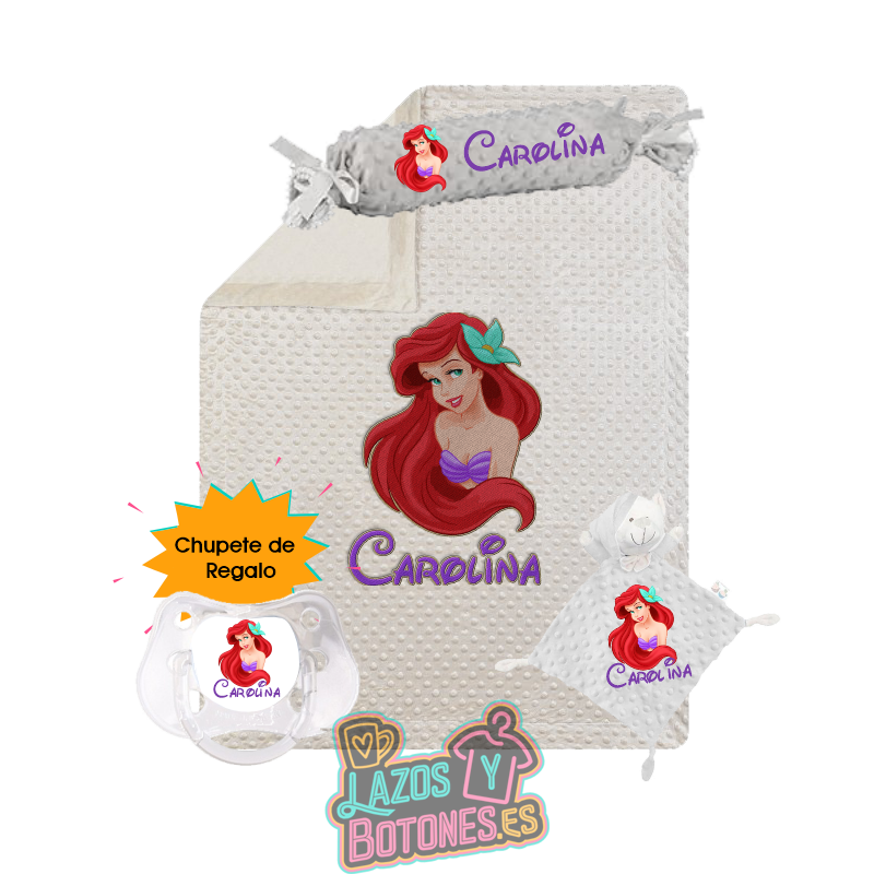 Canastilla bebé personalizada – Mod. Sirenita con chupete de regalo