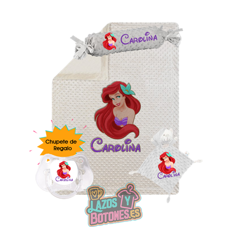 Canastilla bebé personalizada – Mod. Sirenita con chupete de regalo