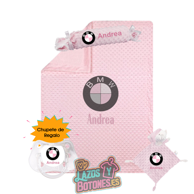 Canastilla bebé personalizada – Mod. BMW Rosa con chupete de regalo