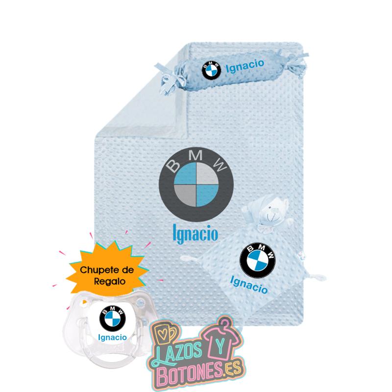 Canastilla bebé personalizada – Mod. BMW Azul con chupete de regalo