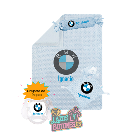 Canastilla bebé personalizada – Mod. BMW Azul con chupete de regalo