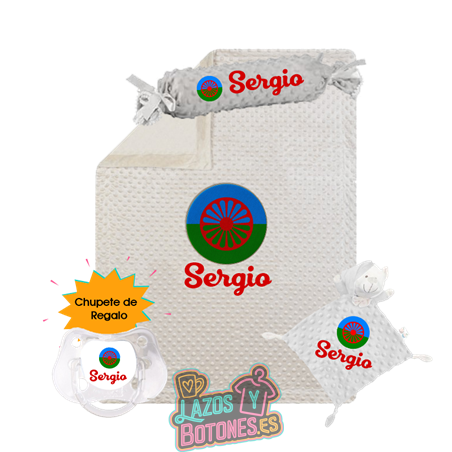 Canastilla bebé personalizada – Mod. Bandera Gitana con chupete de regalo