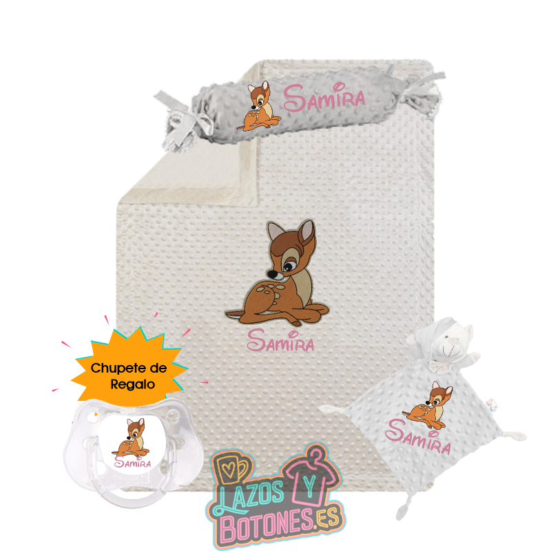 Canastilla bebé personalizada – Mod. Bambi con chupete de regalo