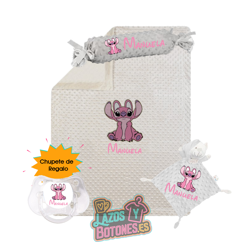 Canastilla bebé personalizada – Mod. Angel Stitch con chupete de regalo