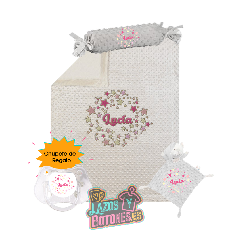 Canastilla bebé personalizada – Mod. Estrellas Rosas + chupete de regalo