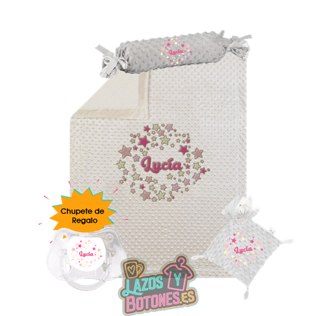 Canastilla bebé personalizada – Mod. Estrellas Rosas + chupete de regalo