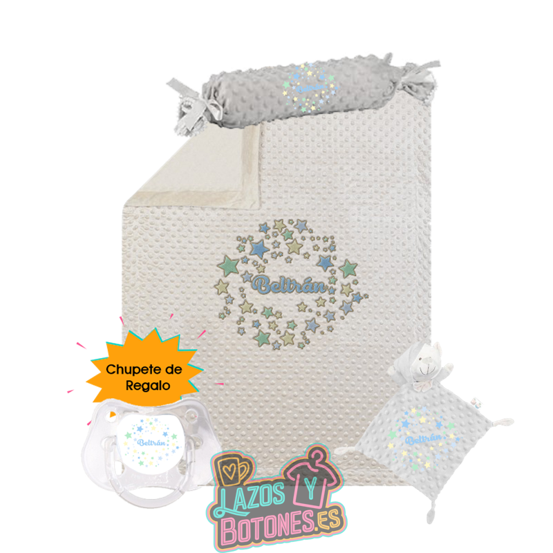 Canastilla bebé personalizada – Mod. Estrellas Azules + chupete de regalo